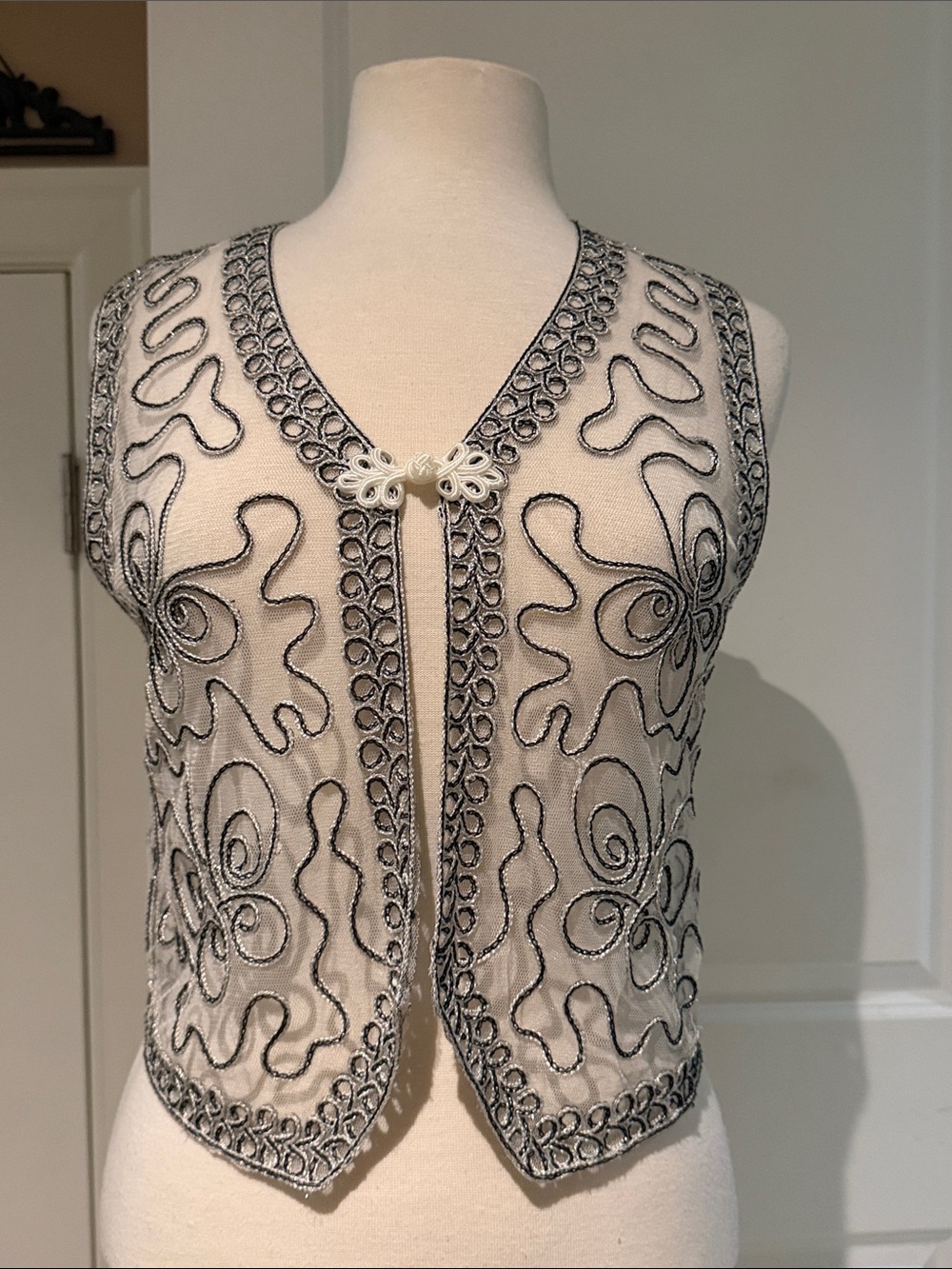 Vintage White Sheer Embroidered Vest with Black Trim